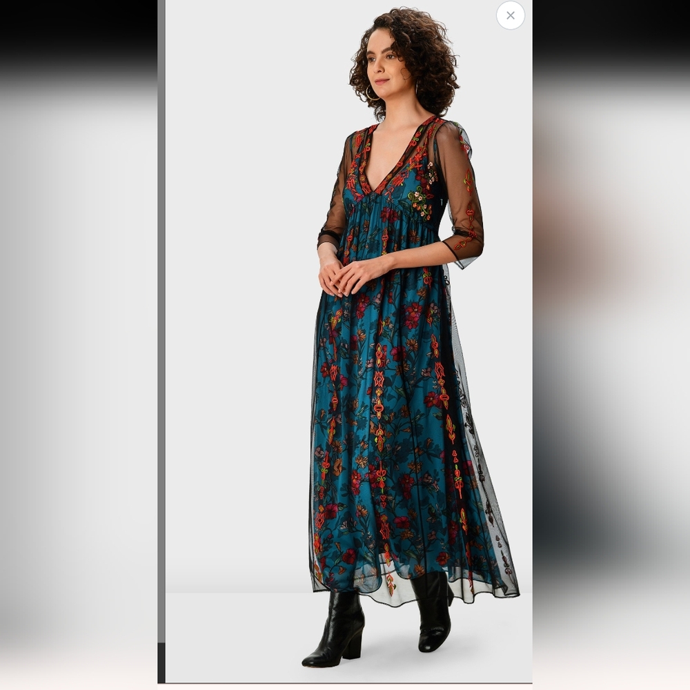 Eshakti Embellished Tulle Floral Print Georgette Empire Dress Size S - Picture 16 of 16